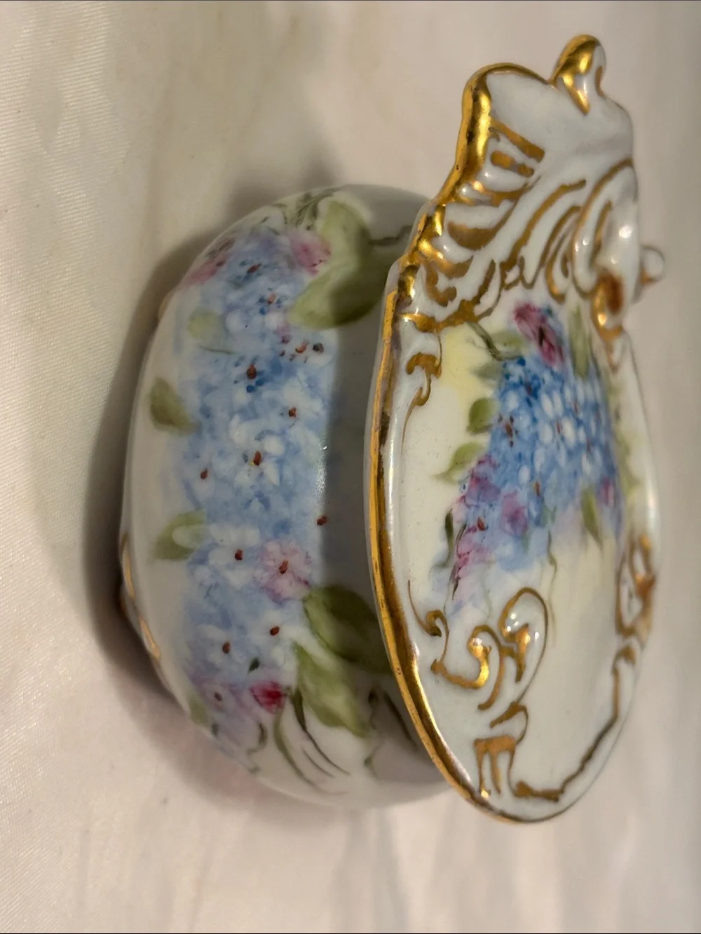 Porcelain Trinket Box with Hand-Painted Blue Floral and Gold Scrolls
